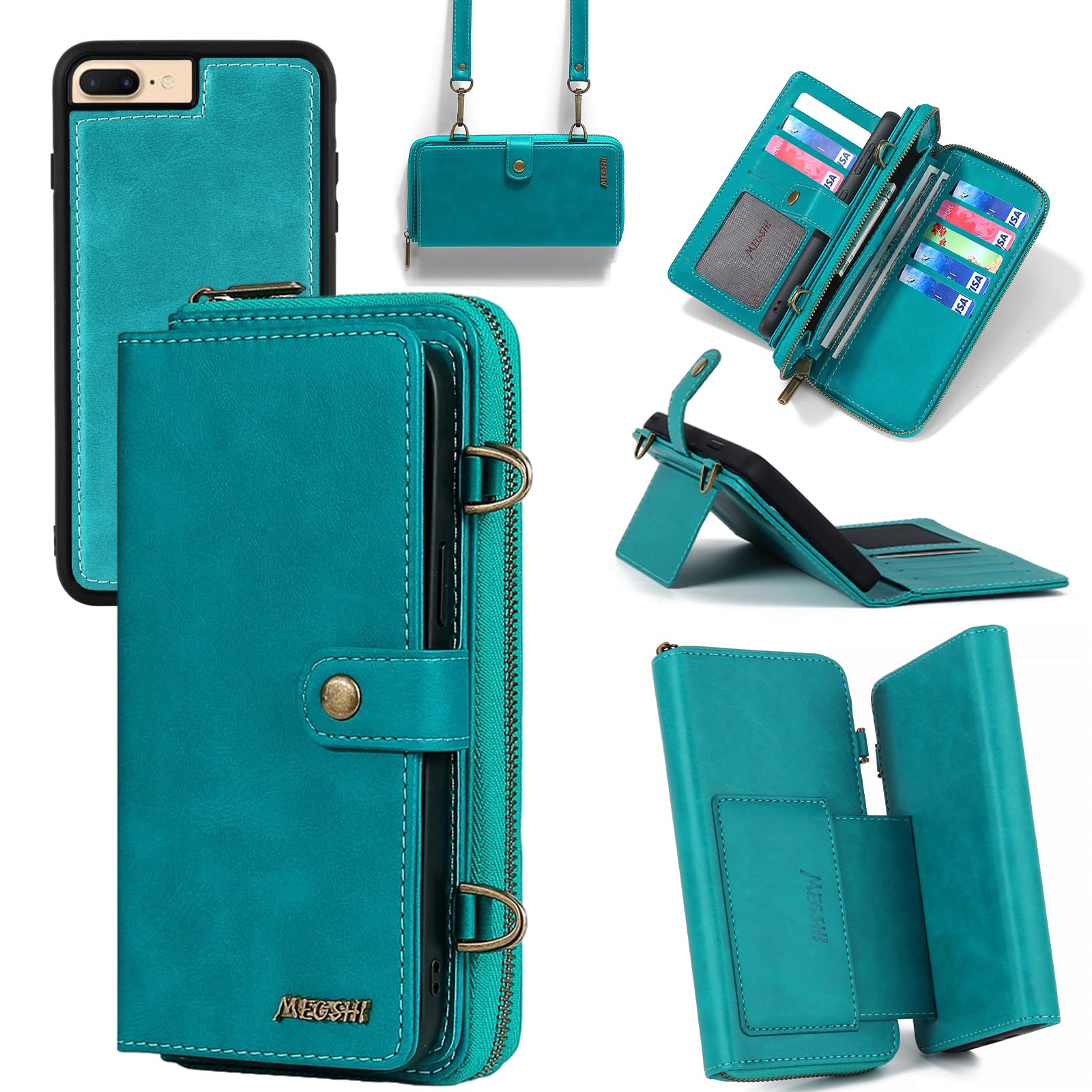 Photo 1 of iPhone 8 Plus Wallet Case,iPhone 7 Plus Wallet Case,Multi-Function Wallet Case,2 in 1 Detachable Magnetic Wallet Case with Card Holder,PU Leather Flip Cover with Lanyard,13 Card Slots Blue