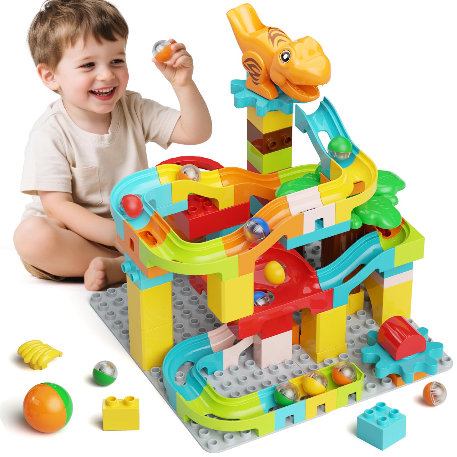 STEM MATCH Murmelbahn Bausteine Dinosaurier: 90 Teile Bahnelemente Set
