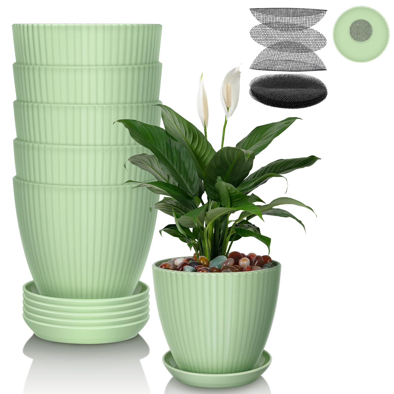 IHKFEILAN 11 cm Plant Pots Indoor, 6 Pack Plastic Plant Pots, with 10 Pack Flower Planter Mesh Pad, Indoor Outdoor Flower Planter with Drainage Hole and Saucer for All House Plants (Green)