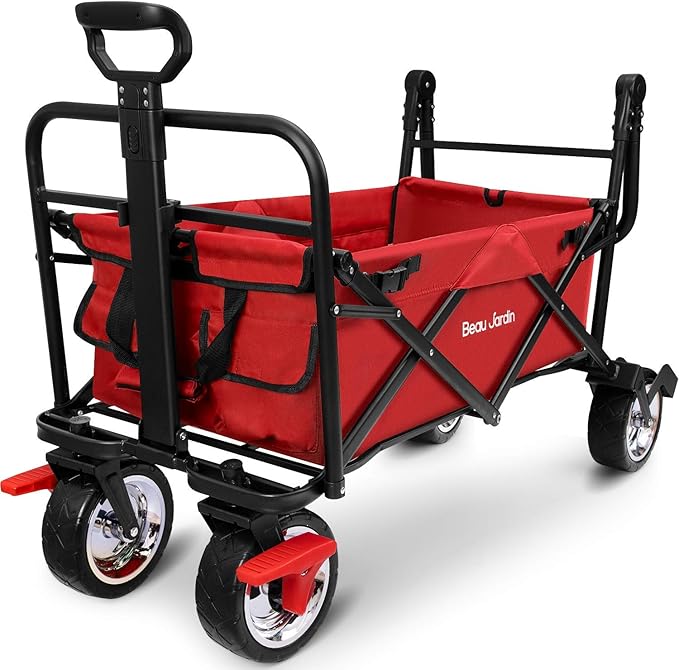 BEAU JARDIN Garden Cart Foldable Push Wagon Cart With Brake Collapsible