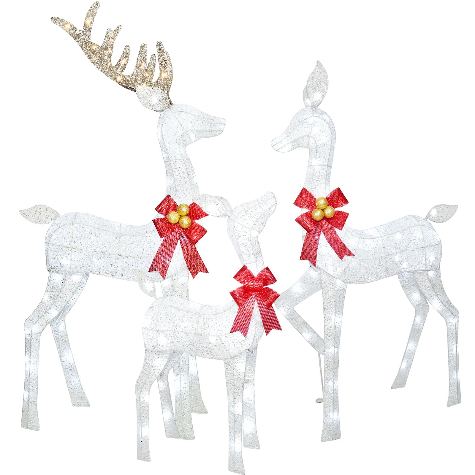 Lighted Christmas Decoration Deer 3 Piece, Light up Christmas Decor Reindeer Family Set for Indoor Outdoor Front Yard Porch with LED Lights, Plug, Ground Stakes - White Image Lighted Christmas Decoration Deer 3 Piece, Light up Christmas Decor Reindeer Family Set for Indoor Outdoor Front Yard Porch with LED Lights, Plug, Ground Stakes - White Image