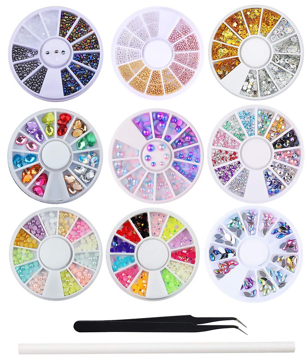 WOKOTO 4Pcs Nail Art Crystals And Rhinestones Rose Gold Metal Stud Nail Art Sharp And Flat Base Rhinestones Kit With Tweezers And Rhinestone Picker Pencil: Beauty