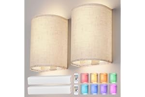 OCATO Battery Operated Wall Sconce: Wireless Wall Sconces Set of Two Magnetic Wall Lamp Rechargeable Wall Lights 16 RGB Colors Fabric Linen Shade with Remote Wall Decor for Bedroom Living Room Hallway