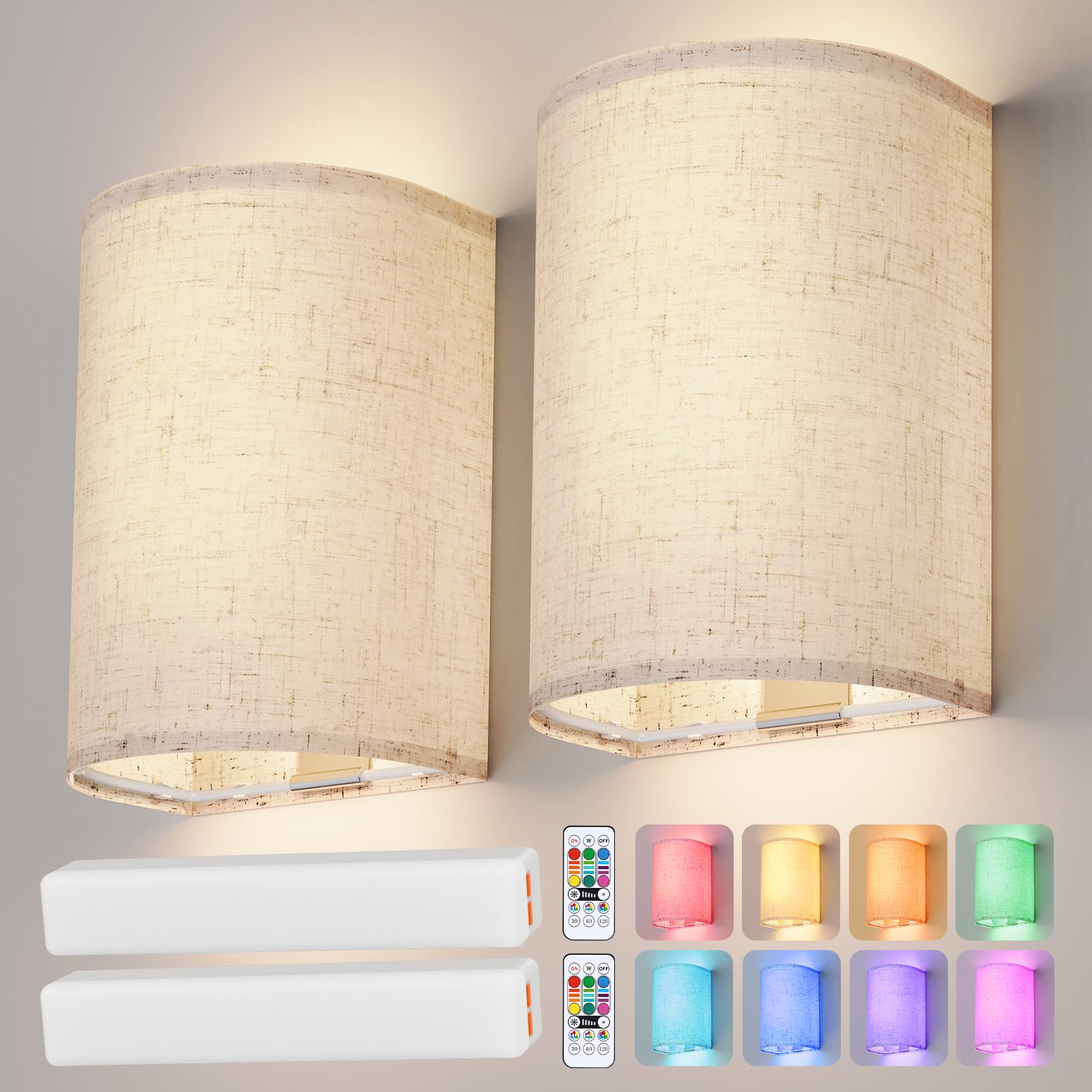 Photo 1 of OCATO Battery Operated Wall Sconce: Wireless Wall Sconces Set of Two Magnetic Wall Lamp Rechargeable Wall Lights 16 RGB Colors Fabric Linen Shade with Remote Wall Decor for Bedroom Living Room Hallway