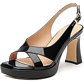 GOFOURTHAT Platform Heels for Women 3.2 Inch Chunky Block Heels Sandals Open Toe with Slingback Ankle Strap Wedding Party Dress Comfortable Shoes Black Patent Size 9