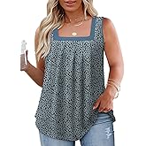 VISLILY Plus-Size-Tank-Tops for Women Summer Trendy Pleated Square Neck Tunics Casual Leopard Printed Sleeveless Shirts