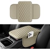 Amiss Car Center Console Cover, Leather Car Armrest Cushion with 2 Storage Pockets, Universal Waterproof Cushion Pad, Non-Slip Car Interior Accessories, Fits Most Sedans SUVs Trucks (Light Beige)