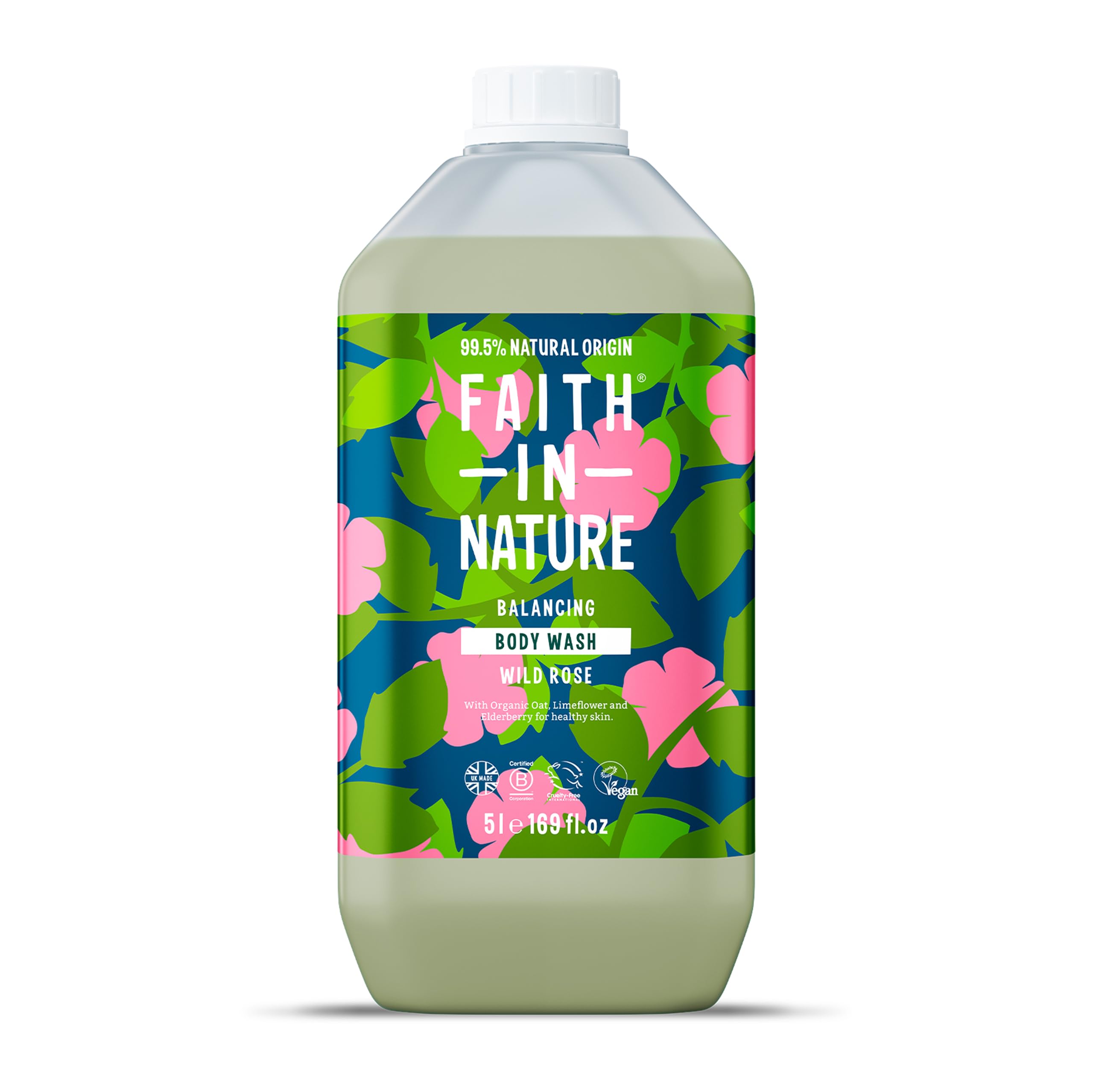 Faith In Nature Natural Wild Rose Body Wash, Balacing Shower Gel, Vegan & Cruelty Free, No SLS or Parabens, 5L Refill Pack