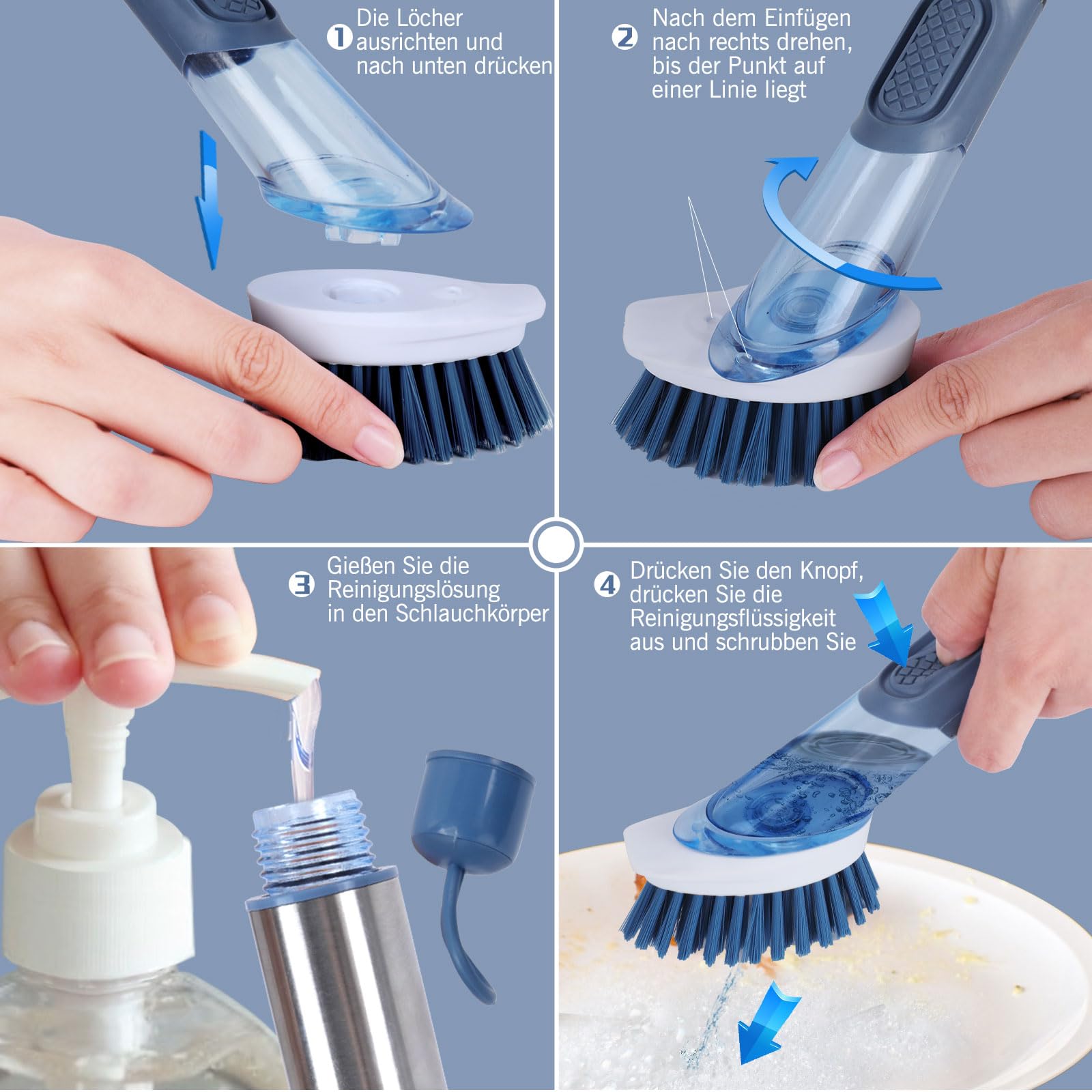 Masthome Spülbürste mit Spülmittelspender, Befüllbare Spülbürste, 4 Verschiedenen Ersatzköpfen, Multifunktional Küchenbürste Reinigungsbürste, Geschirrbürste für Geschirr, Töpfe, Spülen Reinigung 2