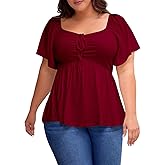 Eytino Women Plus Size Sweetheart Neck Short Sleeve Shirred Peplum Blouse Tops Shirts(1X-5X)