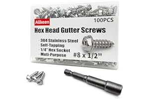 Allkeen 304 Stainless Steel Self Tapping Screws for Gutter Guard #8 x 1/2", 100 Pieces, Socket Bit Included