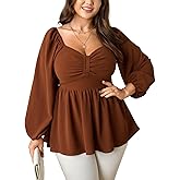 SCOMCHIC Women's Plus Size Blouses Long Sleeve Sweetheart Neckline Babydoll Ruffle Peplum Smocked Cute Casual Fall Tops