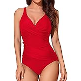 Smismivo Tummy Control Swimsuits for Women Slimming One Piece Bathing Suit Retro Ruched Push Up Vintage Padded Swimwear
