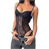 Milumia Women's Floral Lace Bodysuit Sheer Mesh Corset Body Suit Tops Party Club