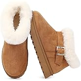 Goldnut Winter Mini Boots for Women: Faux Fur Lining Ankle Snow Booties With Fluffy Trim and Buckle Decor Warm Slip On Comfort Shoes