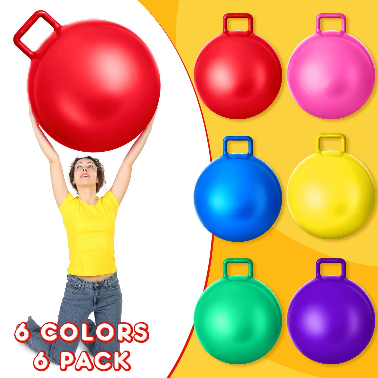 Lewtemi 6 Pcs Hopper Ball Carnival Outdoor Games 32 Inch Jumping Hopping Inflatable Bouncing Ball with Handle and Air Pump for Kids Sport Exercise (Red, Blue, Green, Pink, Yellow, Purple)