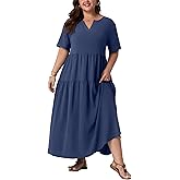 OLRIK Plus Size Maxi Dresses for Curvy Women - Flowy Boho Summer Dress with Pockets, V-Neck Short Sleeve for Beach Vacation