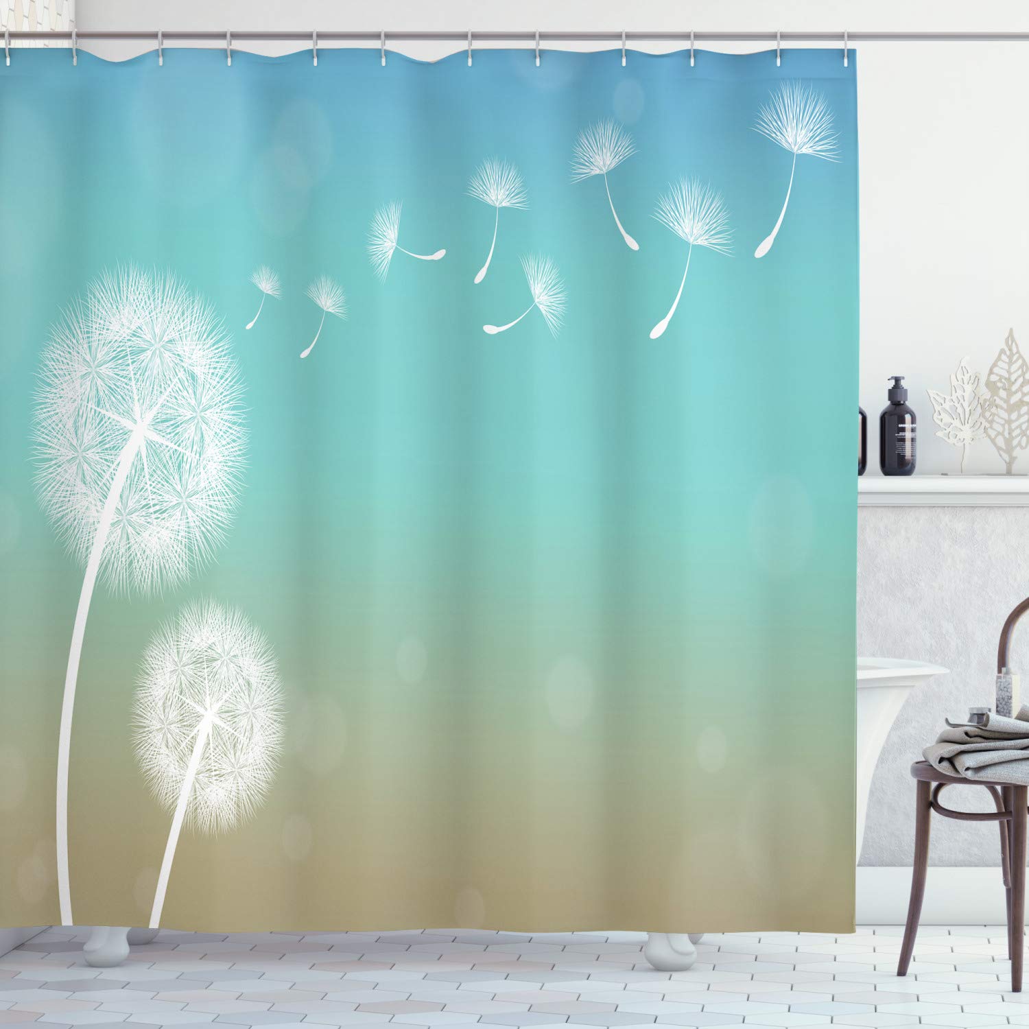 ABAKUHAUS Dandelion Shower Curtain, Blowball Flowers on Wind Blossoming Nature Outdoors of Growth, Cloth Fabric Bathroom Decor Set with Hooks, 70 Inches, Turquoise Tan White