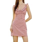 RIHOAS Plaid Gingham Mini Dress, Square Neck Spaghetti Strap A-Line Retro Dress for Fall Summer Wedding Guest Tea Party