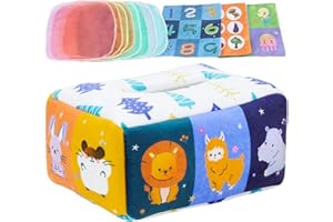 Baby Tissue Box Toy, Animal Themed Educational Montessori Sensory Toys with 8Pcs Silk Scarfs & 3Pcs Crinkle Papers Soft Stuff
