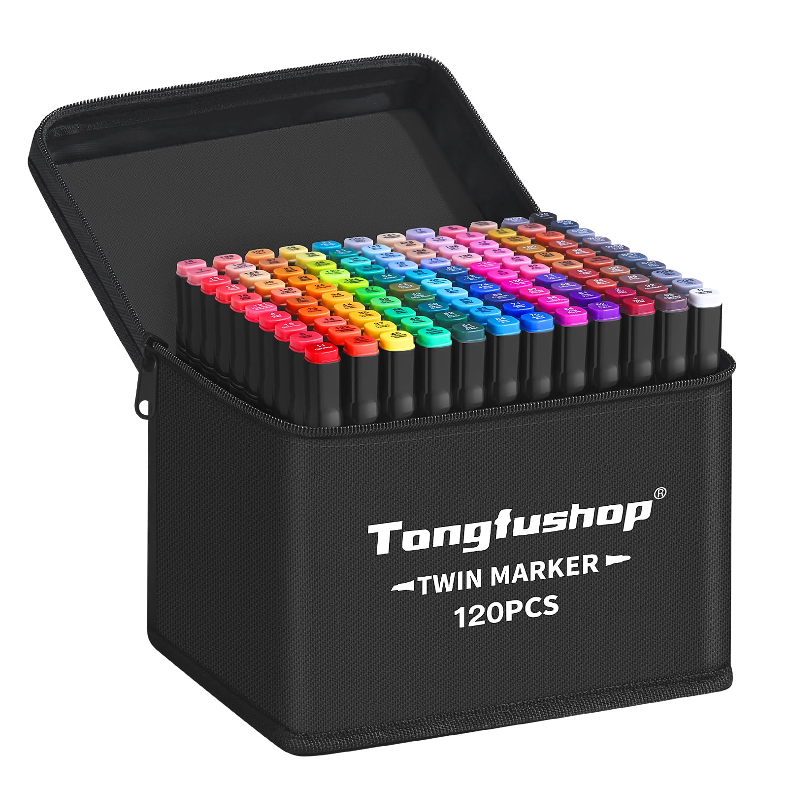 Tongfushop 120 Colored Marker Set, Colouring Pens for Adults, Dual Tip Art Alcohol Markers, Permanent Felt Tip Pens for Drawing, Sketching, Anime, Manga, Fun doodling with Carrying Case & Storage Base