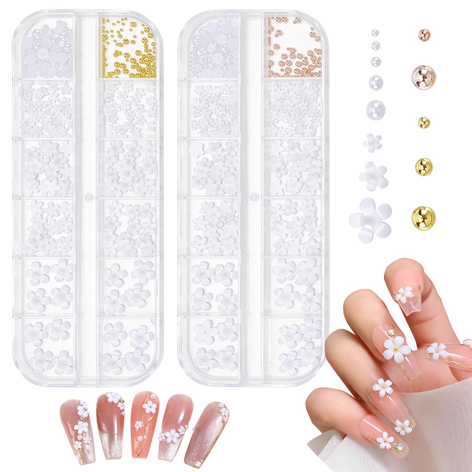 NICENEEDED 3D White Nail Flowers for Nail Art, Acrylic Flower Nail Charms with Gold Round Beads, Flat Resin Decals Nail Jewelry Accessories for Women DIY Nail Design