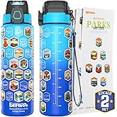 National Parks Water Bottle with 63 Waterproof Stickers & Carry Strap, Durable Plastic Water Bottle 32oz Hiking Water Bottles for Travel, Camping, Gifts for Kids, Men, Women Tritan, BPA Free