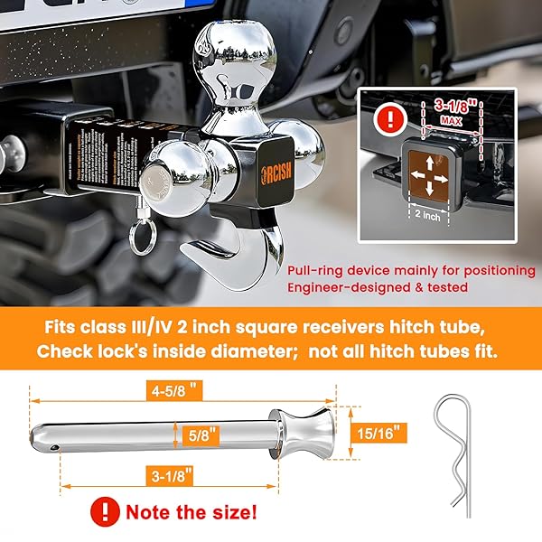 ORCISH 360° SWIVEL TRAILER HITCH, TRI-BALL MOUNT WITH PIN & HEAVY DUTY HOOK, CHROME-PLATED TRAILER BALL SIZE 1-7/8″, 2″ AND 2-5/16″, FIT 2 INCH HITCH RECEIVER, ROTATING BALL HITCH, TOWING HITCH