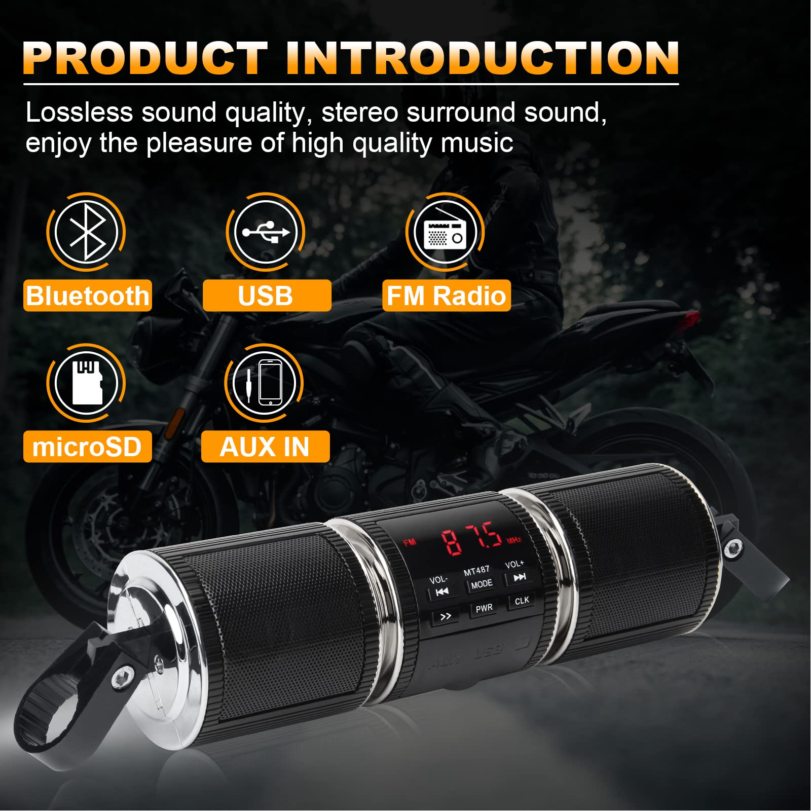 Motorcycle Speaker Systems BT Waterproof Stereo Speakers Bar Mount 7/8-1.25 inch with AUX-in, USB, microSD, FM Radio,Audio Amplifier System for Motorcycle ATV UTV (MT487)