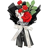 Lovmeety Crochet Rose Bouquet, Hand Knitted Red Rose Bouquet with Blacking Packing Faux Plants Woven Flower Bouquet for Festival Gift Home Office Decor