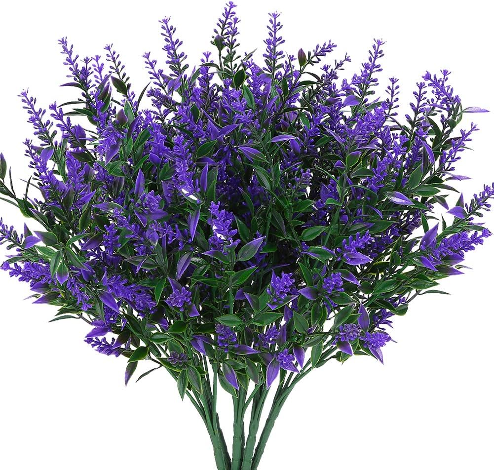 Artificial Lavender Flowers Plants 6 Pieces, Lifelike UV Resistant Fake Shrubs Greenery Bushes Bouquet to Brighten up Your Home Kitchen Garden Indoor Outdoor Decor(Purple)