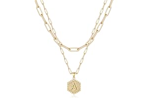 Anoup Layered Initial Necklaces for Women, Gold Necklace for Women 14K Solid Gold Over Letter Necklaces Paperclip Link Chain Necklaces Gold Jewelry for Women Teen Girls