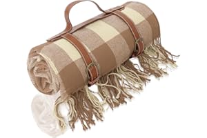 Powermach 59”x 79”Faux Wool Boho Tassels Plaid Solid,Waterproof,Moisture Resistant Padded Picnic Blankets,Camping,Park,Beach,Music Arts Festival Outdoor Blankets