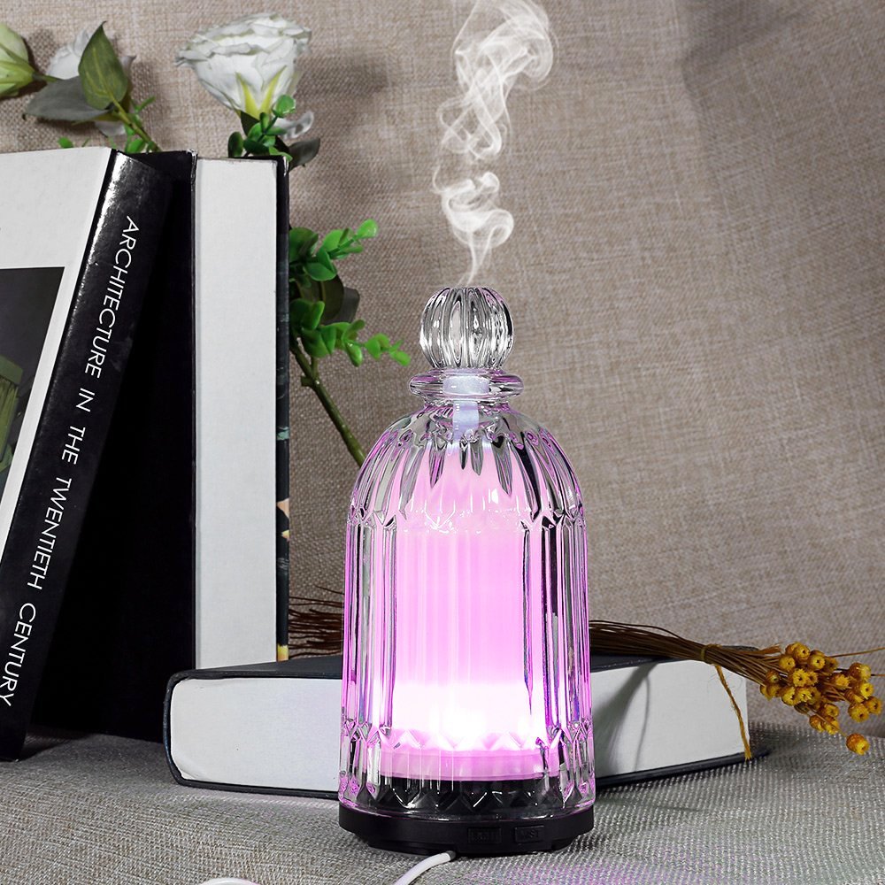 COSVII Electric Ultrasonic Glass Essential Oil Diffuser Perfume Bottle Design, 120ml Portable Small Aromatherapy Air Humidifier, Auto Shut-off, Quiet Operation, 7-color LED Lights (Clear Glass Cover)
