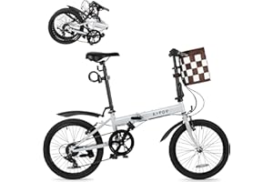 HIMCUP 20” Folding Bike for Adult Men Women, 7 Speed Foldable Commuter Bike with Detachable Basket, Lightweight Folding Bicycle with Adjustable Seat & Front and Rear V-Brakes,Outdoor Beach Cruiser Bike