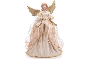 ARCCI 16" Christmas Angel Tree Topper with Luxury White Gold Dress Christmas Standing Treetop Angel Winged Goddess Figurine Holiday Decoration