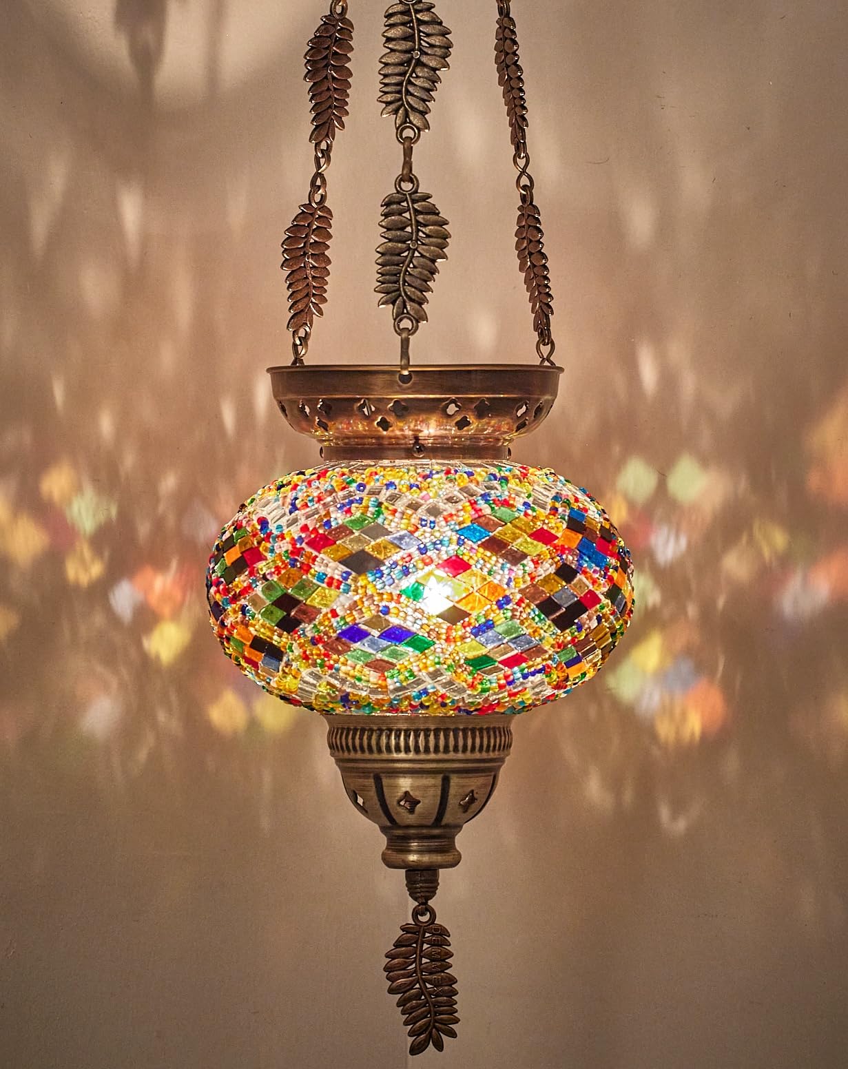 DEMMEX Turkish Moroccan Tiffany Glass Mosaic Hanging Candle Holder Lantern with Handmade Colorful Glass Globe and Metal Leaf Chains, 60 cm (Multicolor)