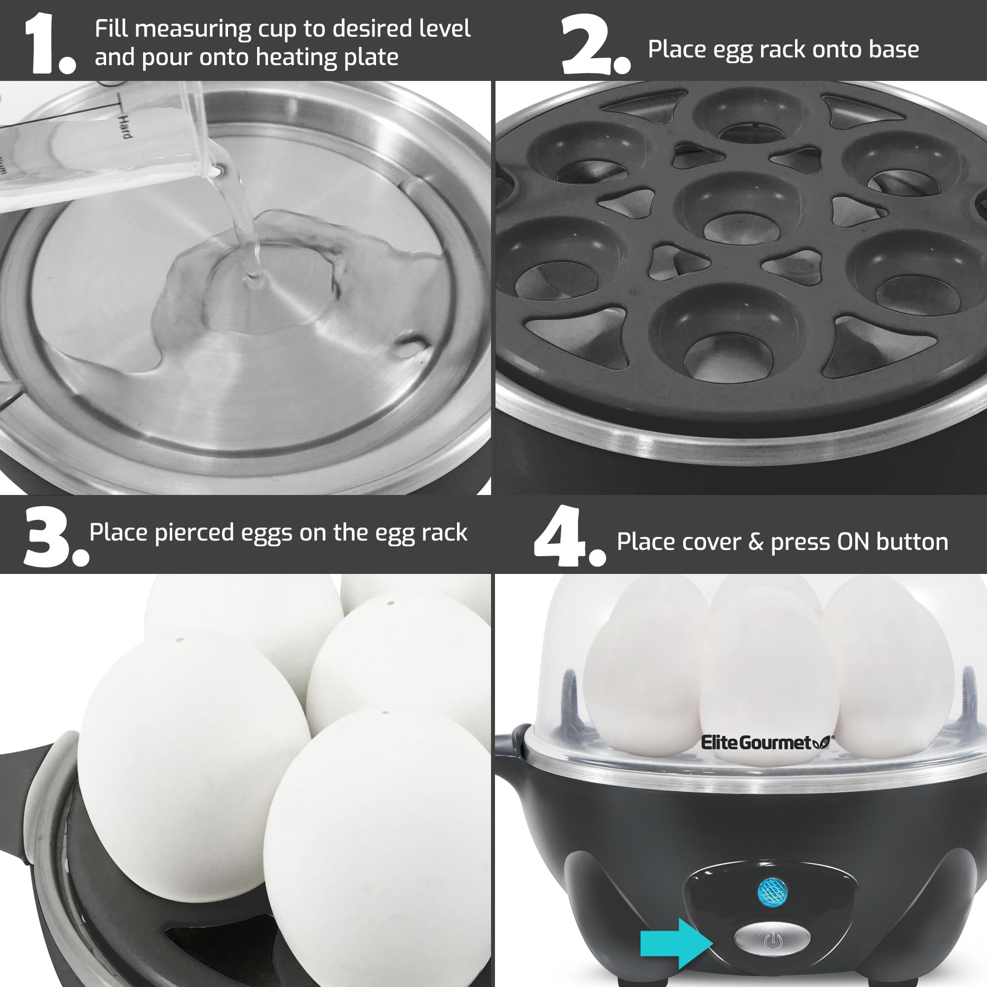 Elite Gourmet EGC700DKG# Rapid Egg Cooker, 7 Easy-To-Peel, Hard, Medium, Soft Boiled Eggs, Poacher, Omelet Maker, Auto Shut-Off, Alarm, 16-Recipe Booklet, BPA-Free, Shadow