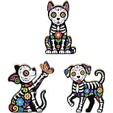 Putuo Decor Dia de Los Muertos Skeleton Pets Figurines | Set of three skeleton pets with colorful floral details. Cat, dog and puppy designs for Day of the Dead.