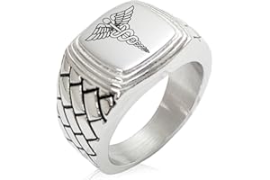 Tioneer Stainless Steel Caduceus Staff of Hermes Geometric Pattern Step-Down Biker Style Polished Ring