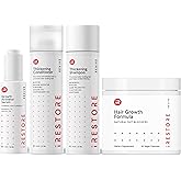 iRestore Max Growth Bundle includes our Hair Growth Formula Supplement, Growth Activator Serum, Thickening Shampoo, and Conditioner to Combat Thinning and Promote Growth