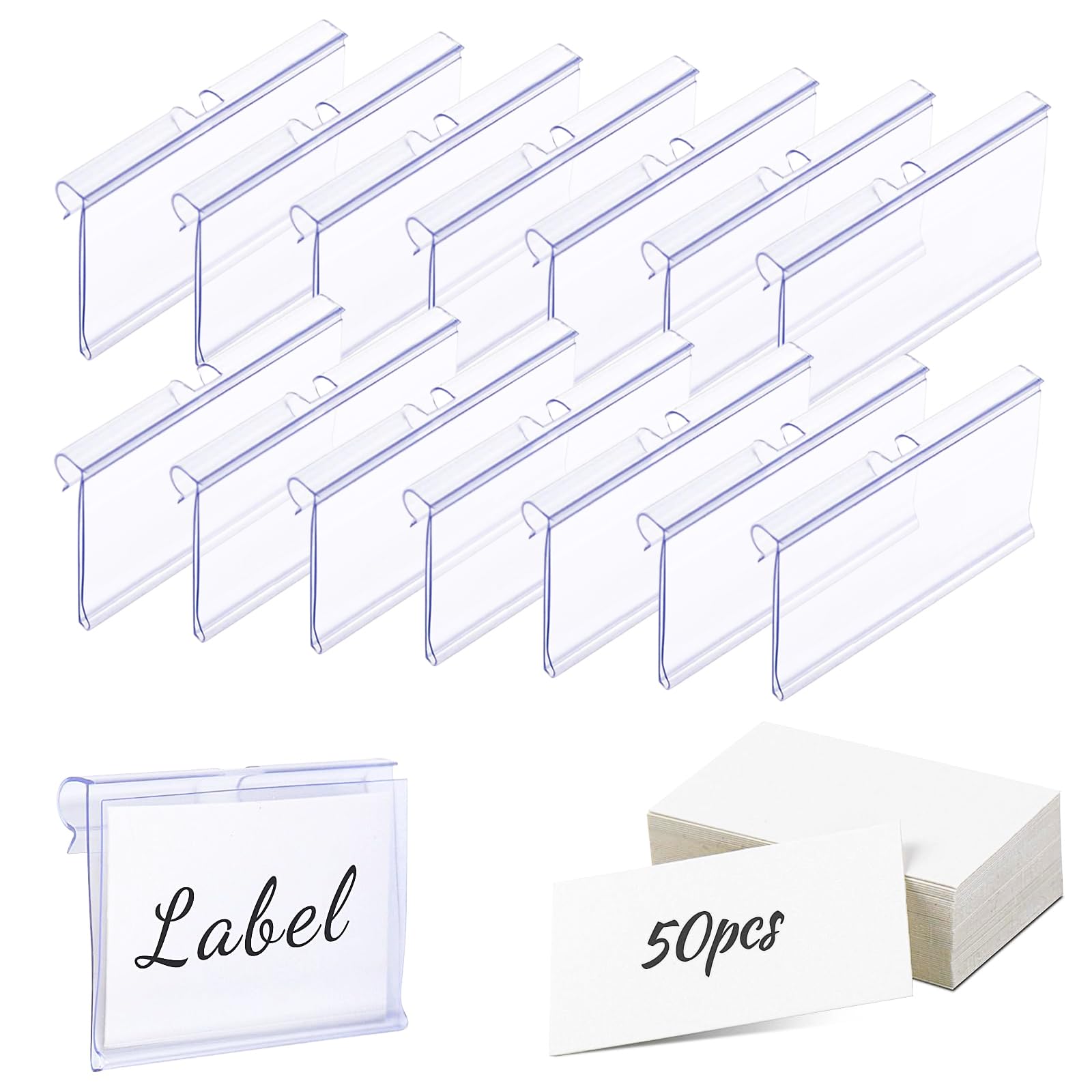 Meetory 50 PCS Clear Plastic Label Holders for Wire Shelf Retail Price Label, 8cm x 4cm Basket Labels Clip On Labels for Storage Bins, Merchandise Sign Display Holder for Supermarket Shop