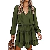 BTFBM Long Sleeve Fall Dresses for Women 2026 Summer Casual Tie Neck Ruffle Tiered A Line Wedding Guest Short Mini Dress