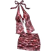 MakeMeChic Women's Summer 2 Piece Sets Mesh Open Back Halter Top Camisole Pencil Mini Skirt Set