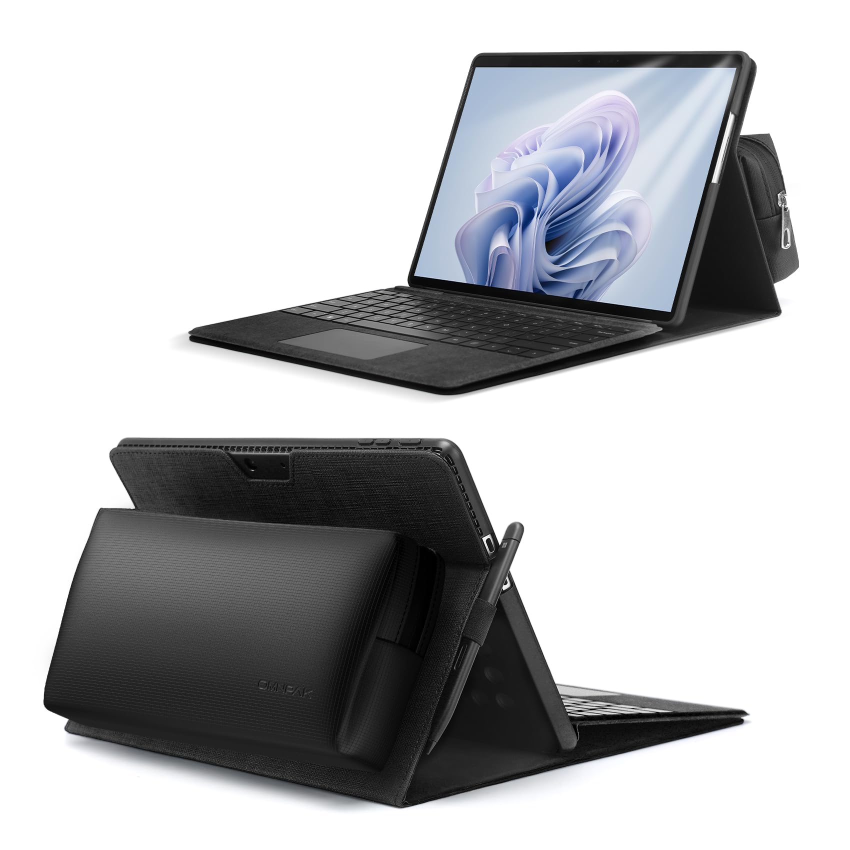Omnpak case for Microsoft Surface Pro 9 tablet business case, carrying case with stylus pen holder with accessories storage bag, compatible with Type Cover keyboard.