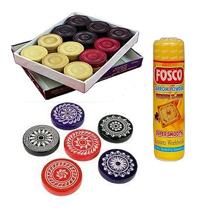 Optimus Premium Carrom Combo Q - 250 gm Disco Carrom Powder 1 Set Wooden Carrom-Men Coins & 6 Acrylic Strikers