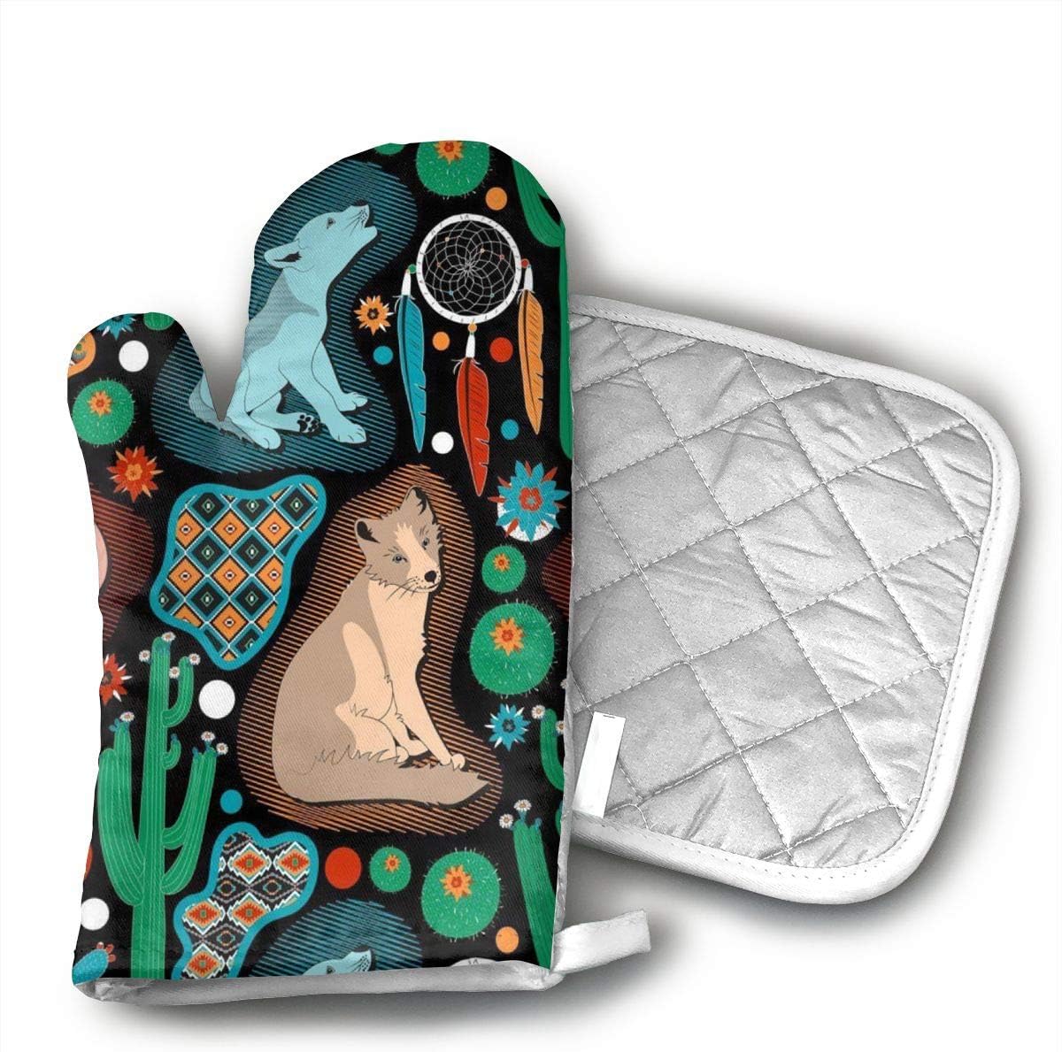 CHWEYAQ Southwest Baby Wolves Oven Mitts and Potholders Sets for Kitchen Counter Safe Mats and Advanced Heat Resistant Oven Mitt,