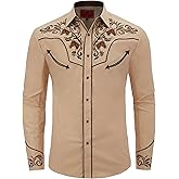 DIFICIL SLOG Men's Western Cowboy Shirt Embroidered Exquisite Long Sleeve Regular Fit Snap Button Down Shirts