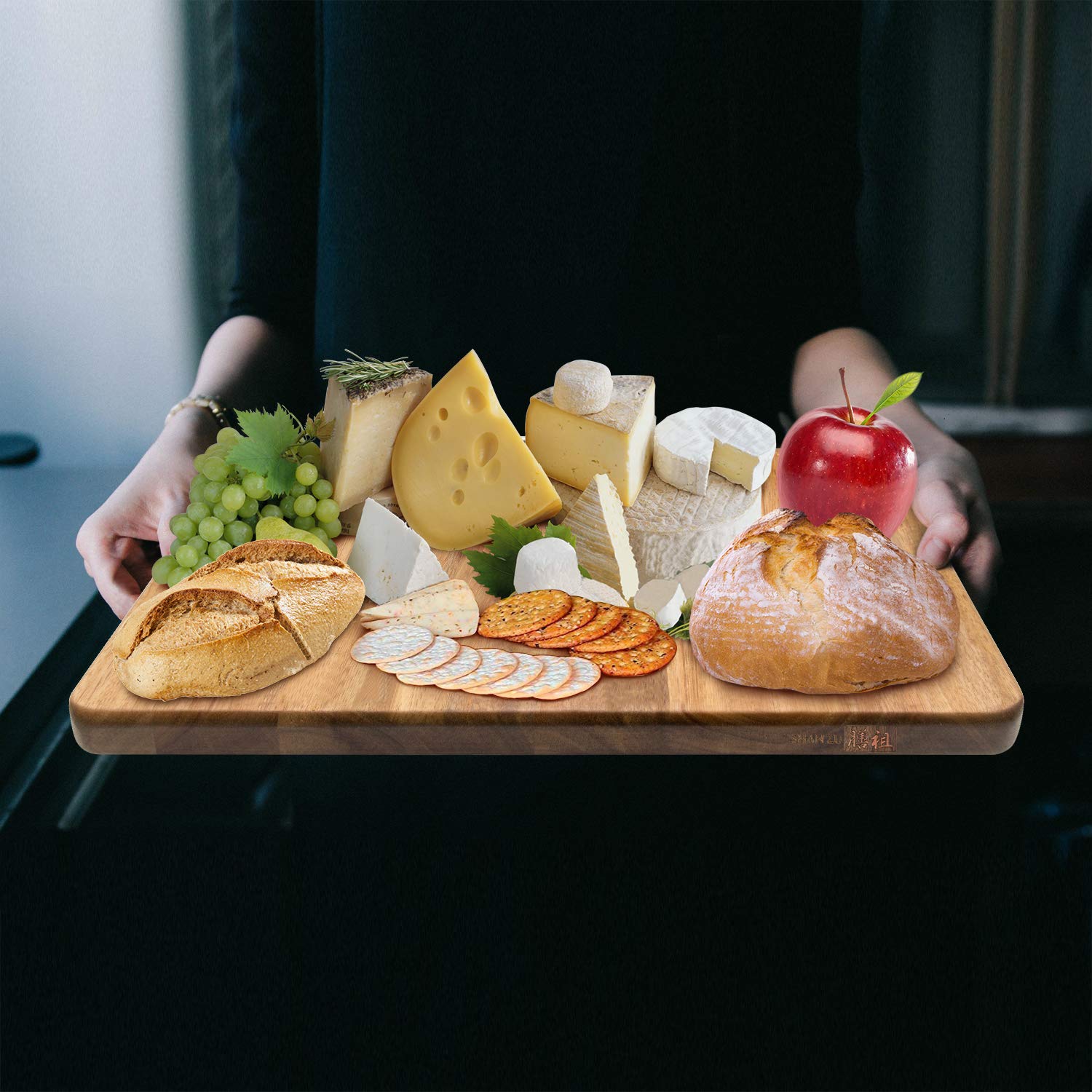SHAN ZU Multipurpose Thick Acacia Wood Cutting Board Set of 3 Heavy Duty Chopping Board For Kitchen with Built-In Compartments And Deep Juice Grooves, Stainless Steel Handle Chopping Carving Board