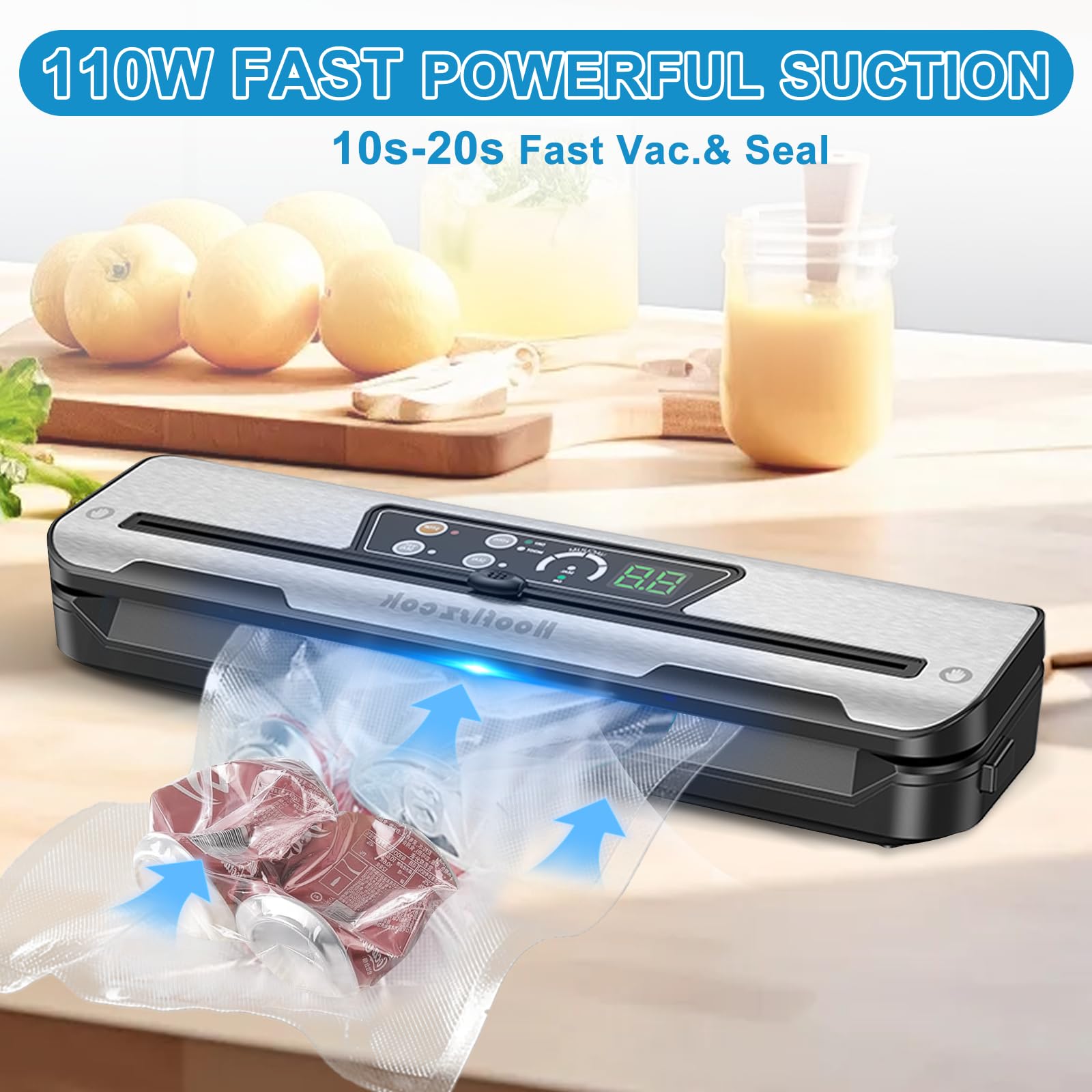 Vacuum Sealer Machine for Food, Automatic 8-In-1 Food Sealer Vacuum Sealing Saver for Liquid/Dry/Moist, Manual/External Super Strong Suction,Pulse Function,Countdown Display,Starter Kit